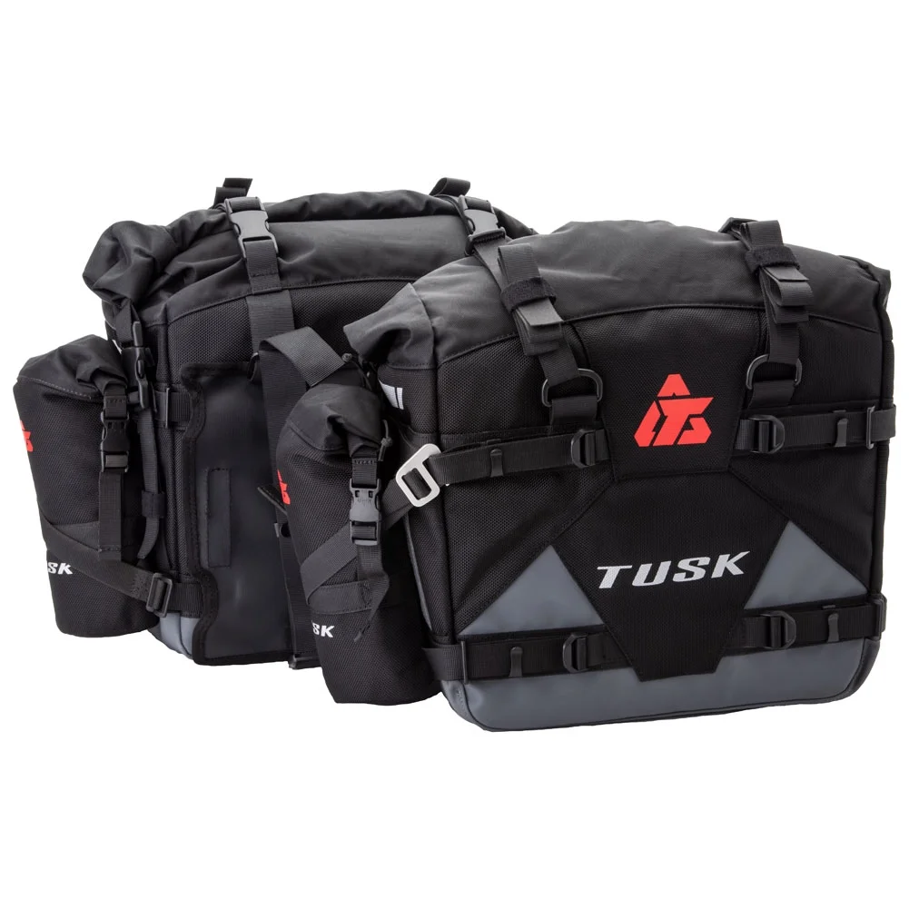 Tusk Pannier Racks with Tusk Pilot Pannier Bags and Bottle Holders with Top Rack Black/Grey