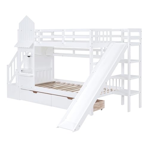 Full-Over-Full Castle Style Bunk Bed with 2 Drawers and 3 Shelves, Wood Bunk Bed Frame with Slide and Storage Staircase for Kids Teens Boys Girls