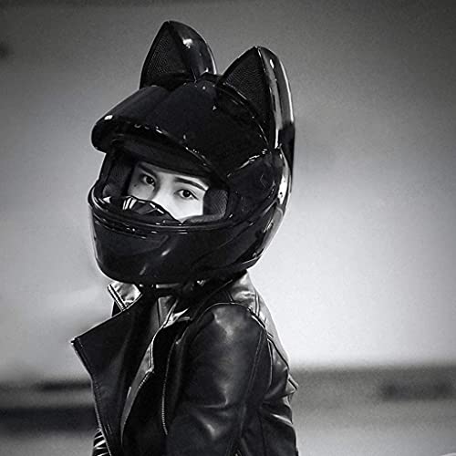WANGFENG Cat Ear Motorcycle Helmet, Men and Women Cool Cute Full Face Cat Helmet