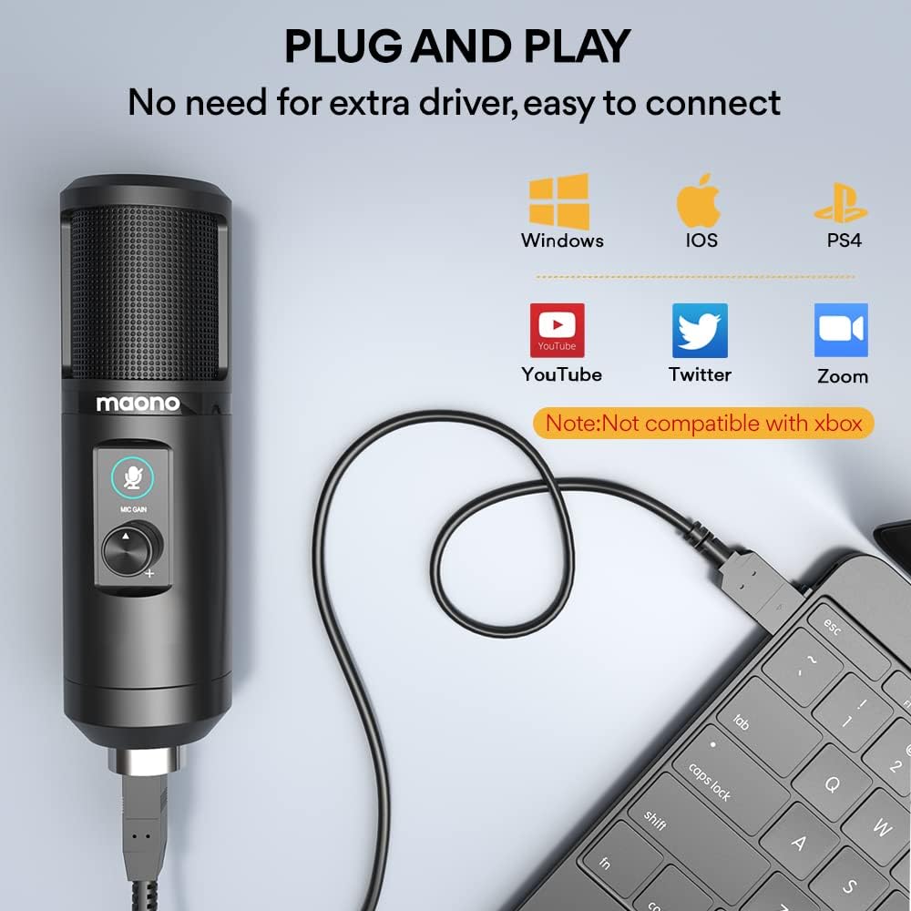 USB Microphone with One-Touch Mute and Gain Knob, MAONO Professional Condenser Computer PC Mic for Podcasting, Recording, Gaming, Live Streaming