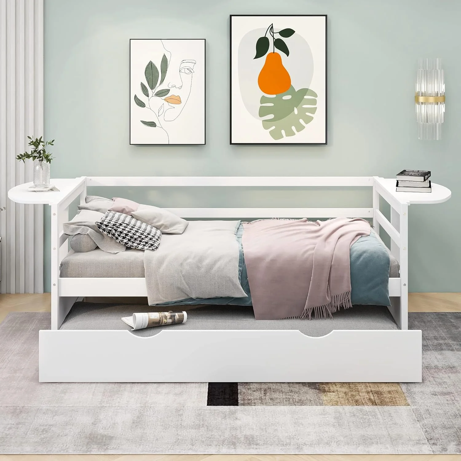 Size Daybed With Trundle, Solid Wood Daybed Frame With Foldable Shelves On Both Sides, For Kids Teens Guests. Bedroom Living Room Furniture (, White)