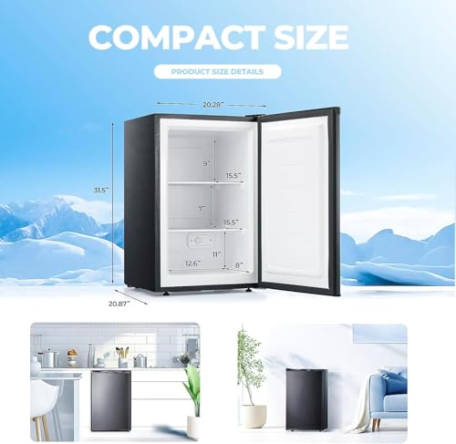 3.0 Cu.ft Upright Freezer, Small Mini Freezer with Adjustable Thermostat, Removable Shelves, Reversible Single Door, for Bedroom/Home/Dorms/Apartment