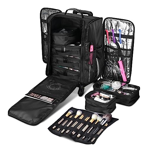 BYOOTIQUE Classic Black Rolling Makeup Train Case Soft Sided Cosmetic Storage Makeup Organizer Carry on Travel with Removable Side Pocket Bag