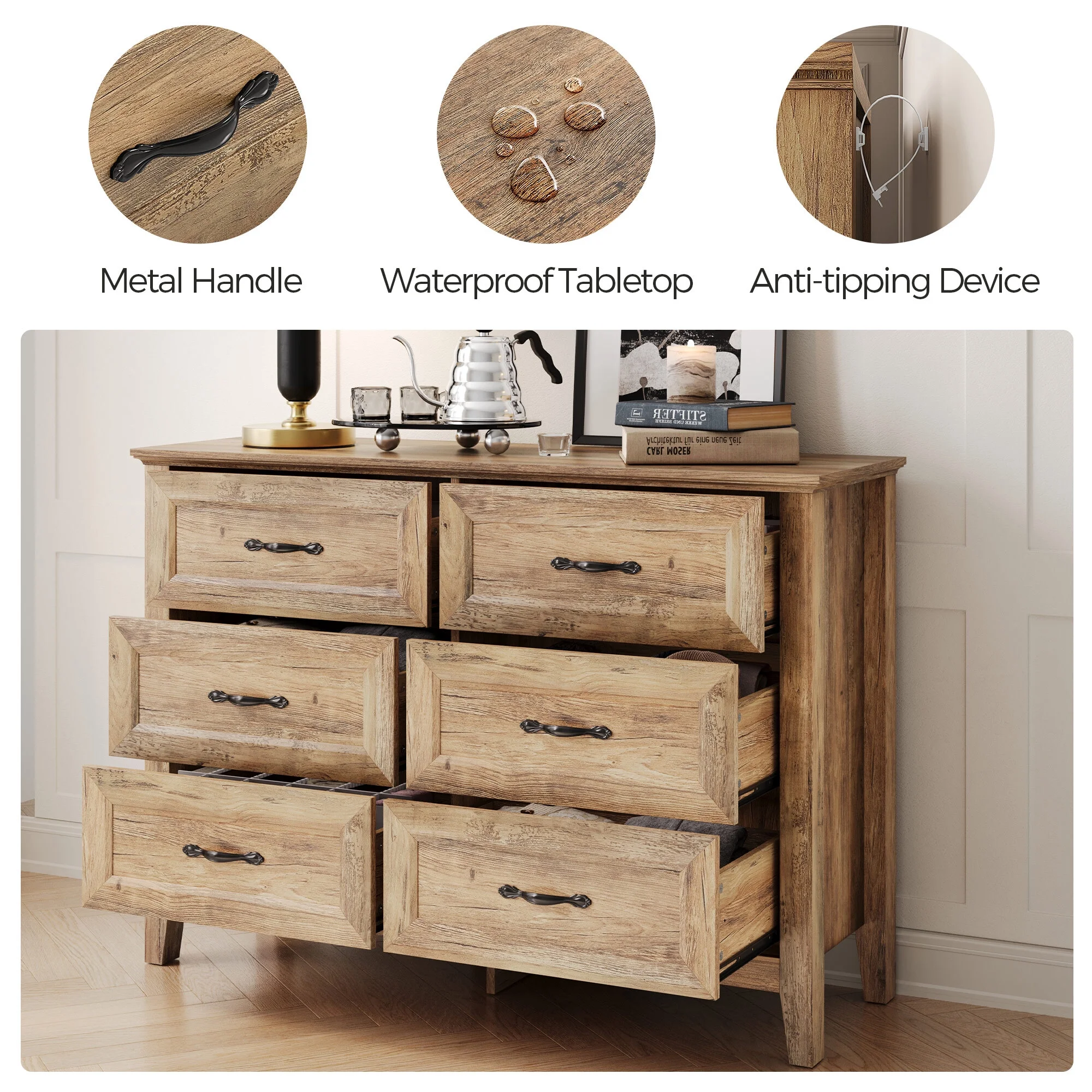 Linsy Home Dresser for Bedroom, 6 Drawer Storage Organizer Tall Wide Double Dressers for Living Room Bedroom Hallway Rustic Oak