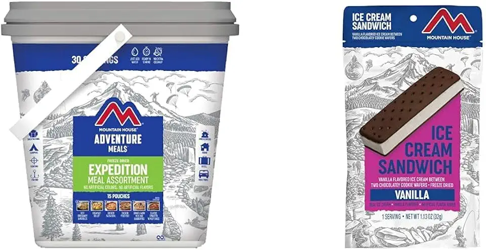 Mountain House Expedition Bucket | Freeze Dried Backpacking & Camping Food | 30 Servings & Vanilla Ice Cream Sandwich | Freeze Dried Backpacking &