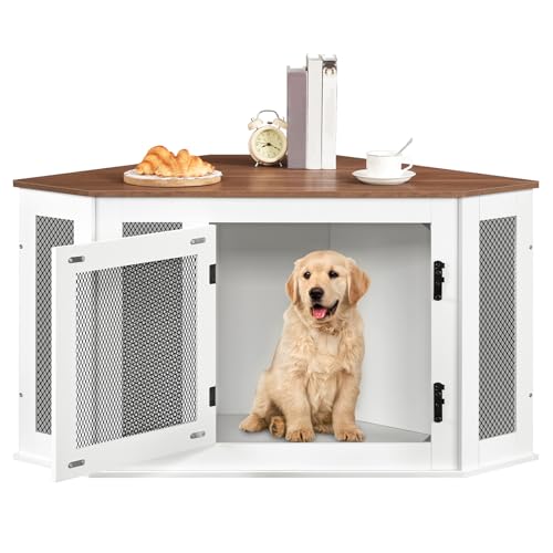 Corner Dog Crate Furniture, Wooden Dog Kennel End Table, Decorative Pet Crate Indoor Use, Furniture Style Dog House for Small Medium Dog