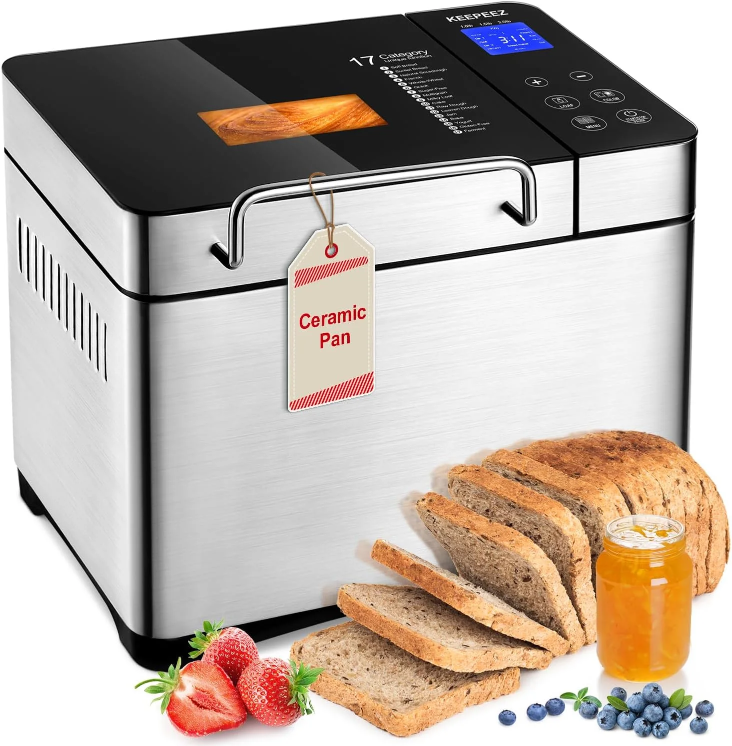 Bread Maker Machine, 2LB Premium Stainless Steel Bread Maker, 17-in-1 with Gluten Free, Jam, Yogurt, Dough, Auto Nut Dispenser, Ceramic Pan