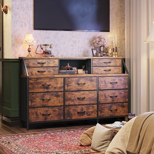 55" W Dresser for Bedroom, Dressers & Chests of Drawers with 13 Fabric Drawers and 2 Open Shelves, Long Vanity Dressers for Bedroom & Closet