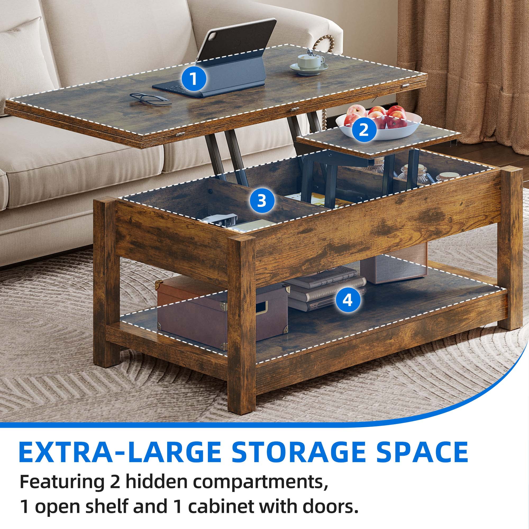 Dextrus Farmhouse Lift Top Coffee Table, 3 in 1 Multi-Function Center Table with Storage for Living Room, Brown - Radiant Selections