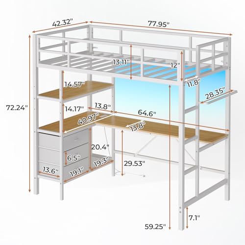 DICTAC Loft Bed Full Size with L-Shaped Desk and Charging Station Full Metal Bed Frame with LED Lights,Open Shelves and 3 Fabric Storage Drawers