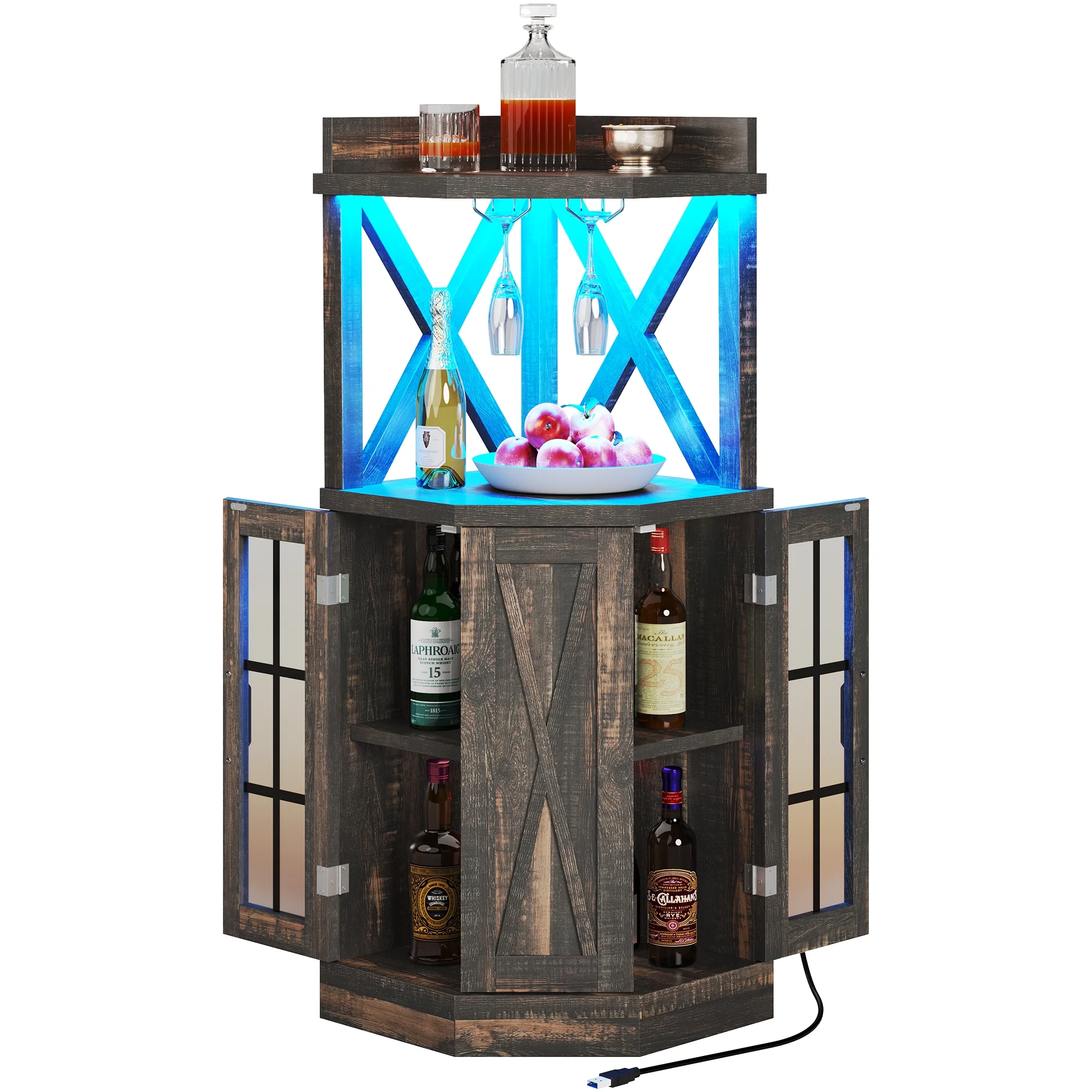 DWVO 53" Corner Bar Unit, 2 Tier Freestanding Corner Wine Bar Cabinet with Adjustable RGB LED Lights, Mini Bar Cabinet with Goblet Rack for Home Pub