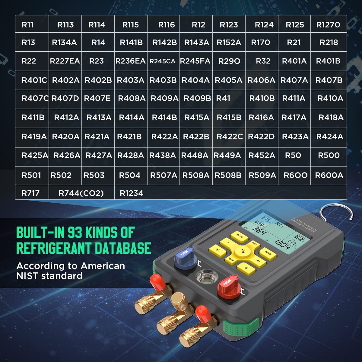 HVAC Gauges 93 Refrigerant Detection Digital Manifold Gauge Set HVAC Pressure&Temp Test HVAC Manifold Upgraded Ball Valve Digital Refrigerant Gauges