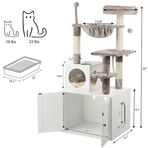 Cat Tree with Litter Box Enclosure, 2-in-1 Cat Tower for Indoor Cats, Large Wood Cat Condo with Basket, Scratching Posts, Pompoms, Rustic Brown