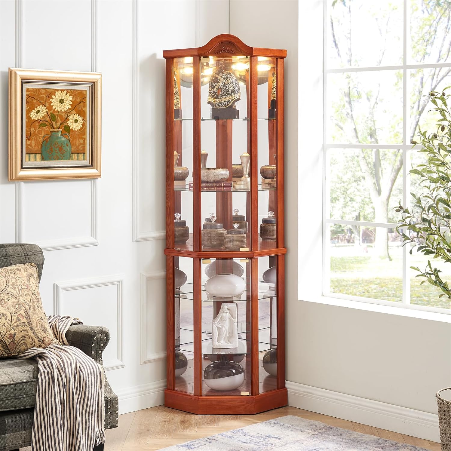 Lighted Curio Cabinet for Living Room, Corner Display Case with Tempered Glass Doors and Adjustable Shelves, Liquor Wine Storage Cabinet