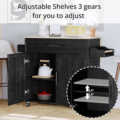 IRONCK Kitchen Island with Storage, Rolling Kitchen Island on Wheels with Drop Leaf, Charging Station, 3 Open Spice Rack, Cabinet, Drawer
