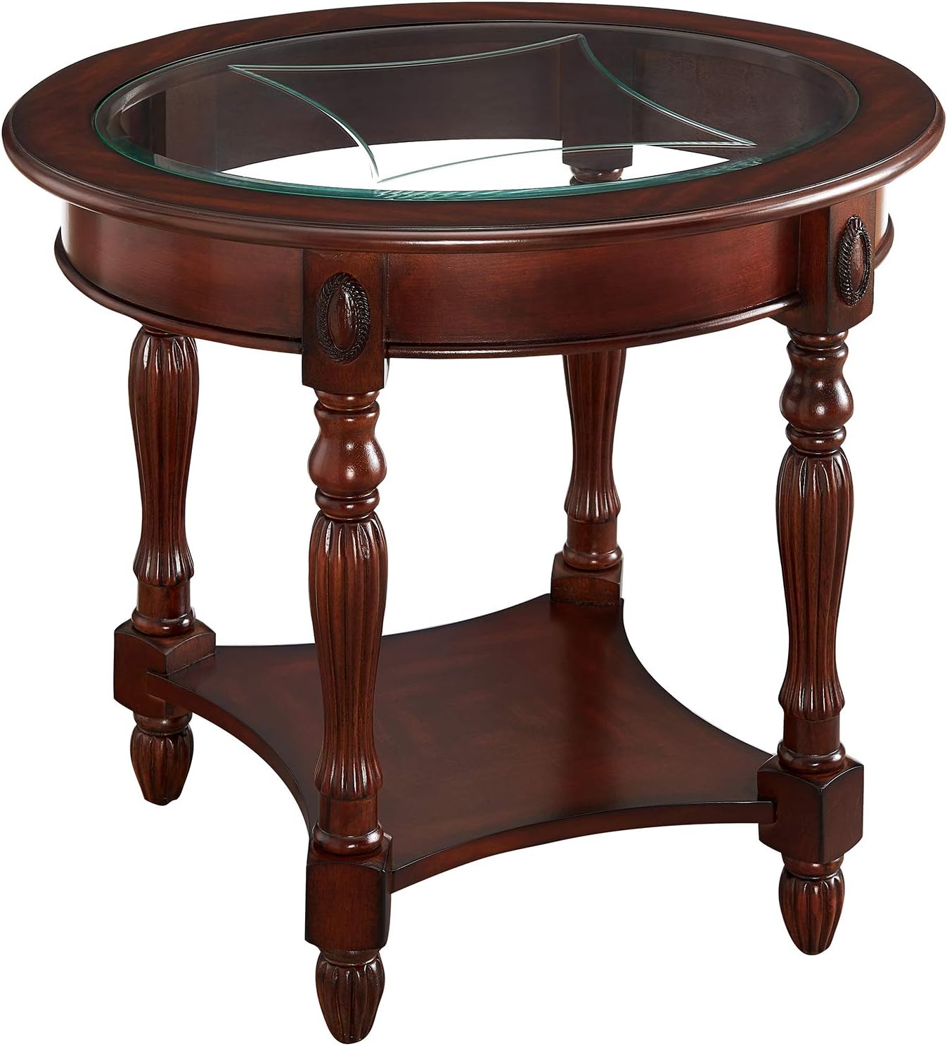 MODERION Solid Wood Coffee Table, Traditional Oval Cocktail Table with Storage Shelf, Carvings Side Elegant Vintage Sofa Table for Living Room