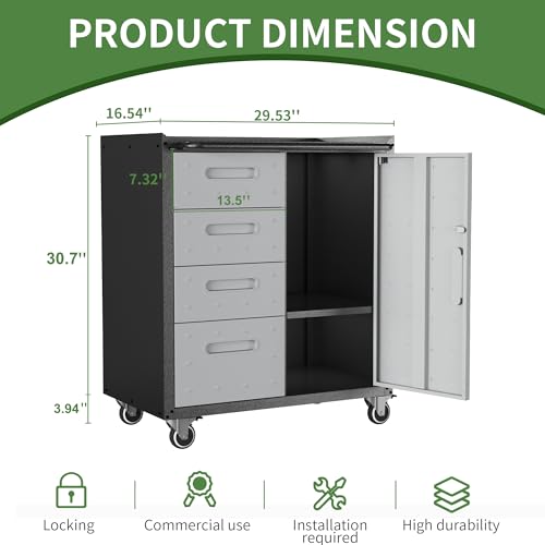 Mobile Tool Storage Cabinet with Wheels,Heavy Duty Rolling Tool Cabinets for Garage,Metal Storage Cabinets with 4 Drawer and 1 Locking Doors