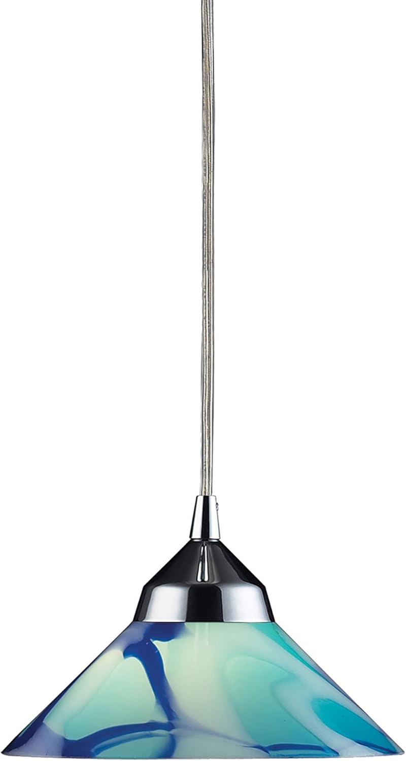 Elk 1477/3CAR 3 Polished Chrome and Caribbean Glass Pendant Light, 10W X 10D X 4H