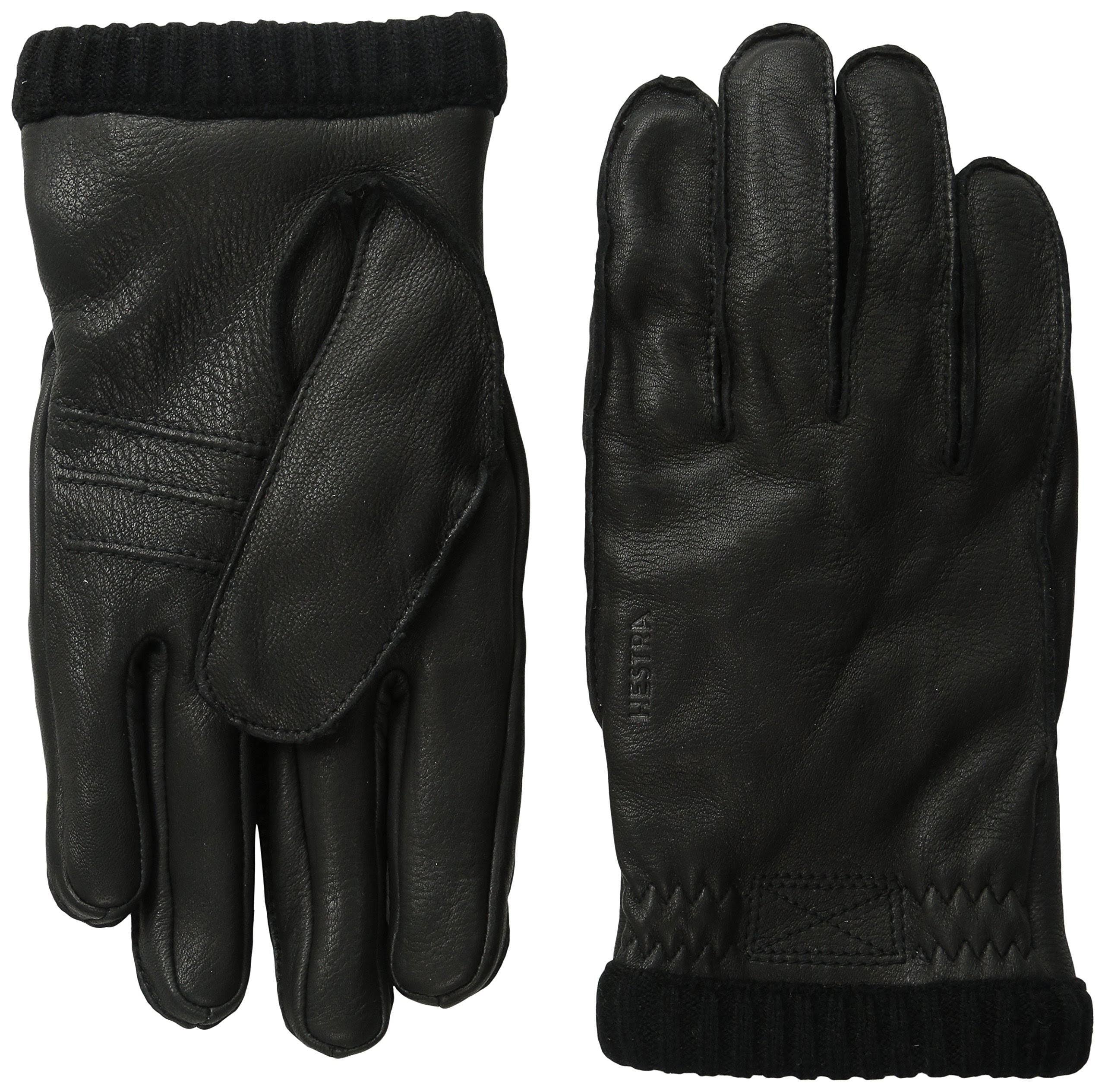 Hestra Mens Leather Work Gloves: Deerskin Primaloft Rib Winter Gloves, Black, Size: 8 - Megean
