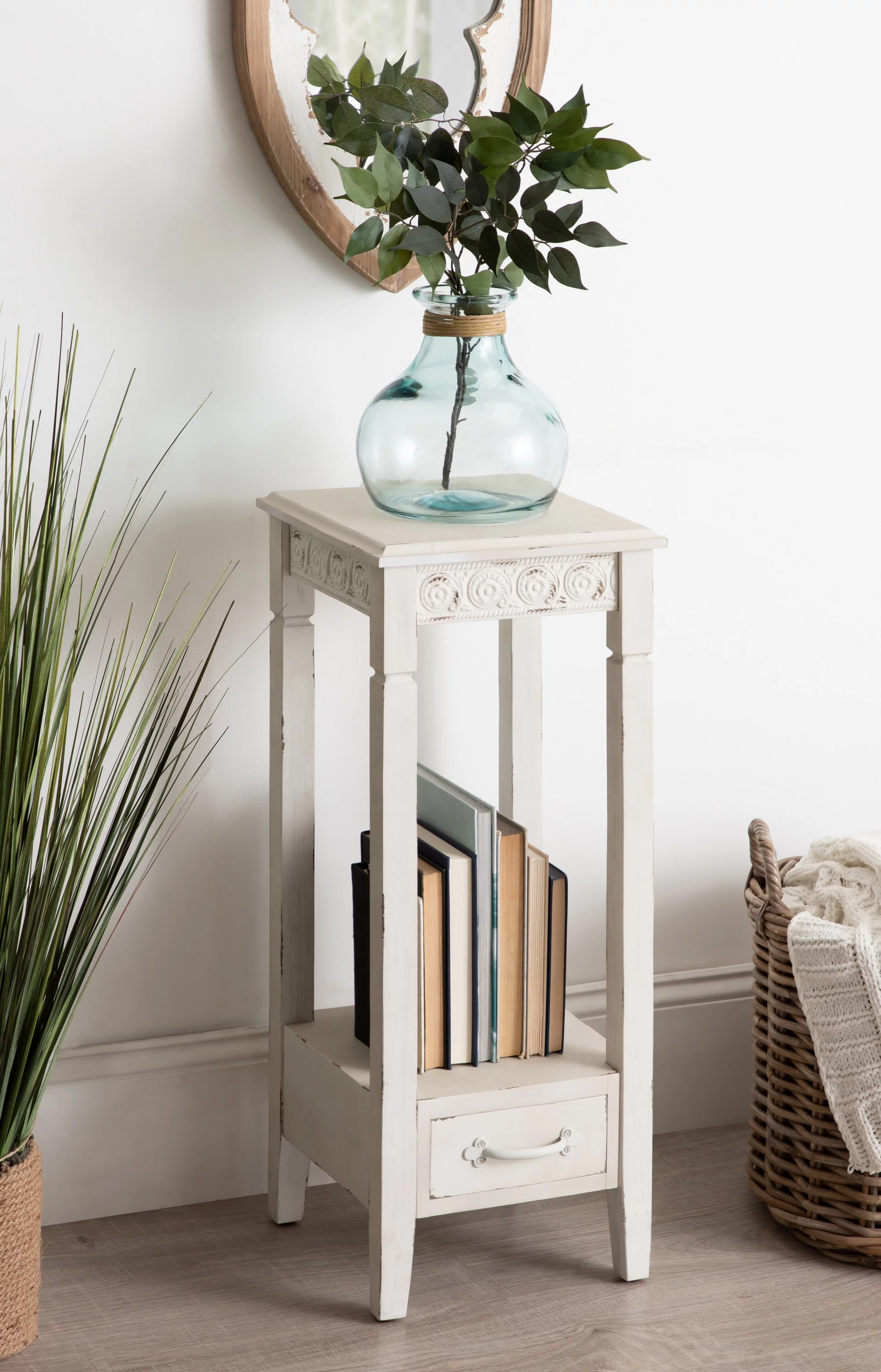 Kate and Laurel Idabelle Modern Farmhouse Wood Accent Table or Plant Stand with Decorative Metal Skirt, Soft White