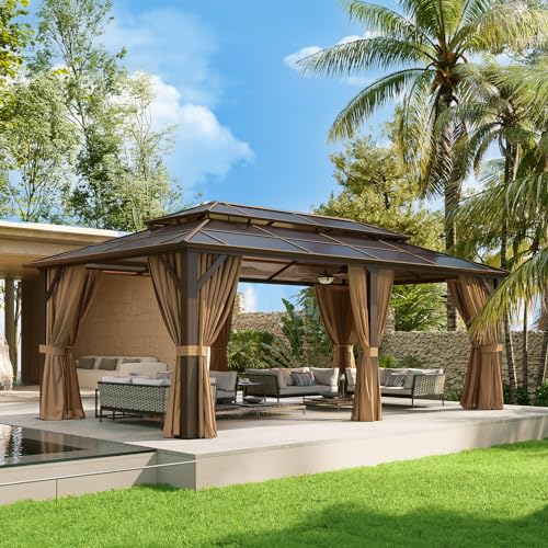 Aoxun 12'x10' Hardtop Gazebo, Aluminum Frame Permanent Pavilion with Curtains and Netting, Outdoor Polycarbonate Double Roof Canopy
