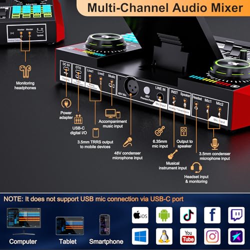 Podcast Microphone Bundle with Live Sound Card Audio Mixer