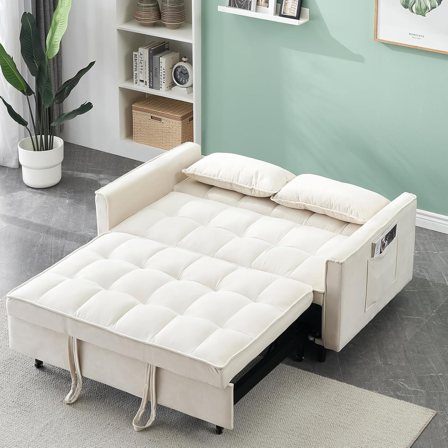 3 in 1 Sleeper Sofa Couch Bed, Velvet Convertible Sofa Bed with Armrests, Storage Pockets & 2 Pillows