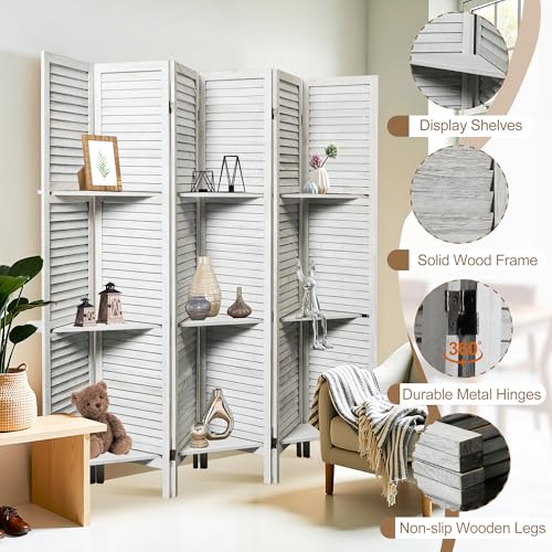 Osparple Room Divider with Shelves 6 Panel Wooden Folding Room Dividers Privacy Screen Wall Divider for Room Separation for Office and Apartment
