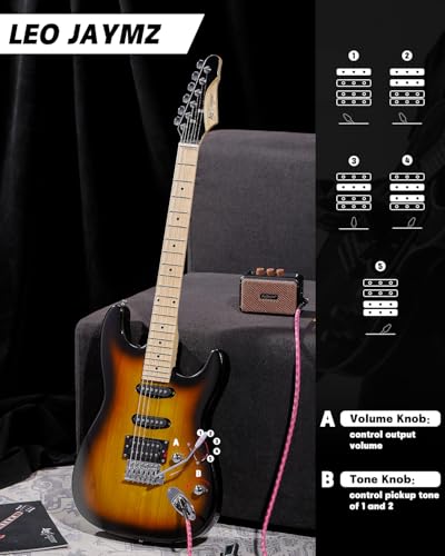 Leo Jaymz 39" Full Size ST Style Electric Guitar Starter Kit with SSH Pickup, 5W Portable Amp, Tuner, Gig Bag, Strap & Accessories (Violet Ocean)