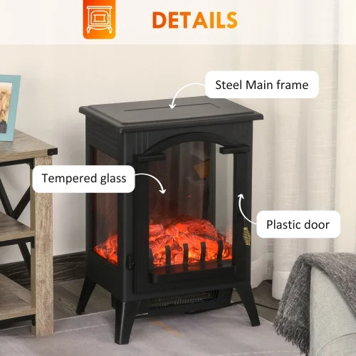 23" Electric Fireplace Heater, Fire Place Stove with Realistic LED Flames and Logs and Overheating Protection, 750W/1500W, Black