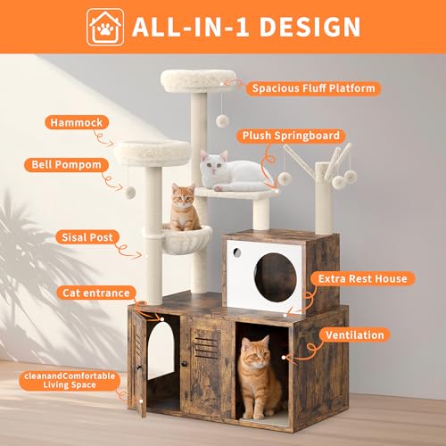 Litter Box Enclosure with Cat Tree Tower and Condo,Hidden Pet Washroom Furniture with Sisal Scratching Post,Hammocks,Condo,Multiple Platform