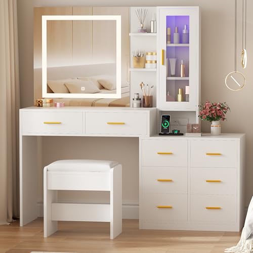ANWBROAD 51.8" Makeup Vanity Desk with Mirror and Lights White Vanity Table with RGB Storage 8 Drawers Power Outlet Large Dresser Dressing Table with