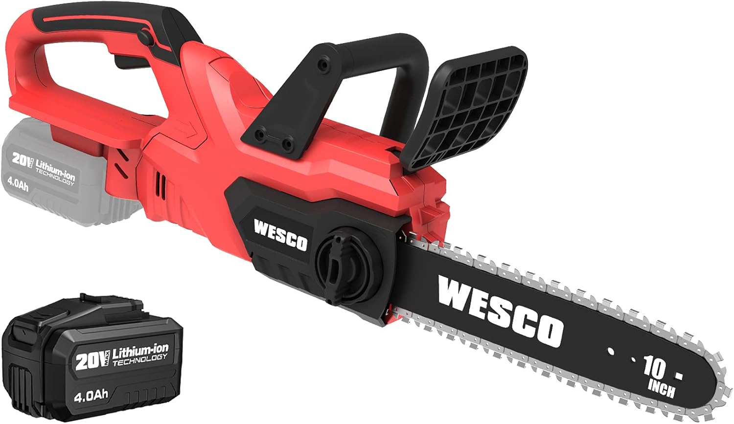 Cordless Chainsaw, WESCO 20V Chainsaw, 10-Inch Bar, 4.0 AH Battery and Charger Included, Tool-Free Chain Tensioning, Auto Chain Lubrication