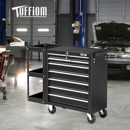 TUFFIOM 7-Drawer Rolling Tool Chest with Side Shelves, Tool Storage Side Cabinet w/Lockable Wheels, Top Cushion & Drawer Liners