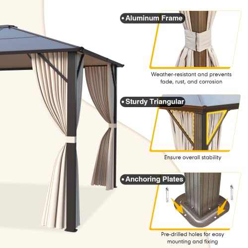 MELLCOM 10'x13' Hardtop Gazebo with Polycarbonate Double Roof, Aluminum Frame Outdoor Gazebo Permanent Pavilion with Curtains and Netting for Patio