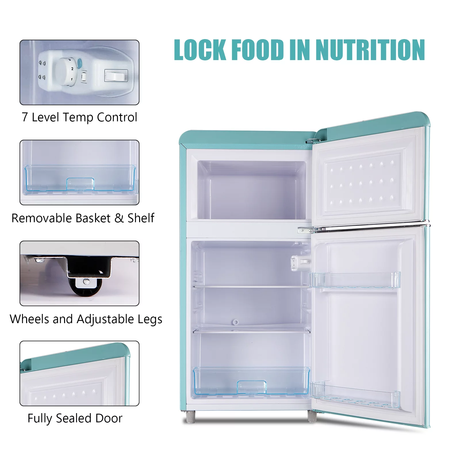 Compact Refrigerator Mini Fridge with Freezer, 3.2 Cubic Feet Retro Dual Door Small Refrigerator by WANAI with 7 Temp Modes, LED Lights