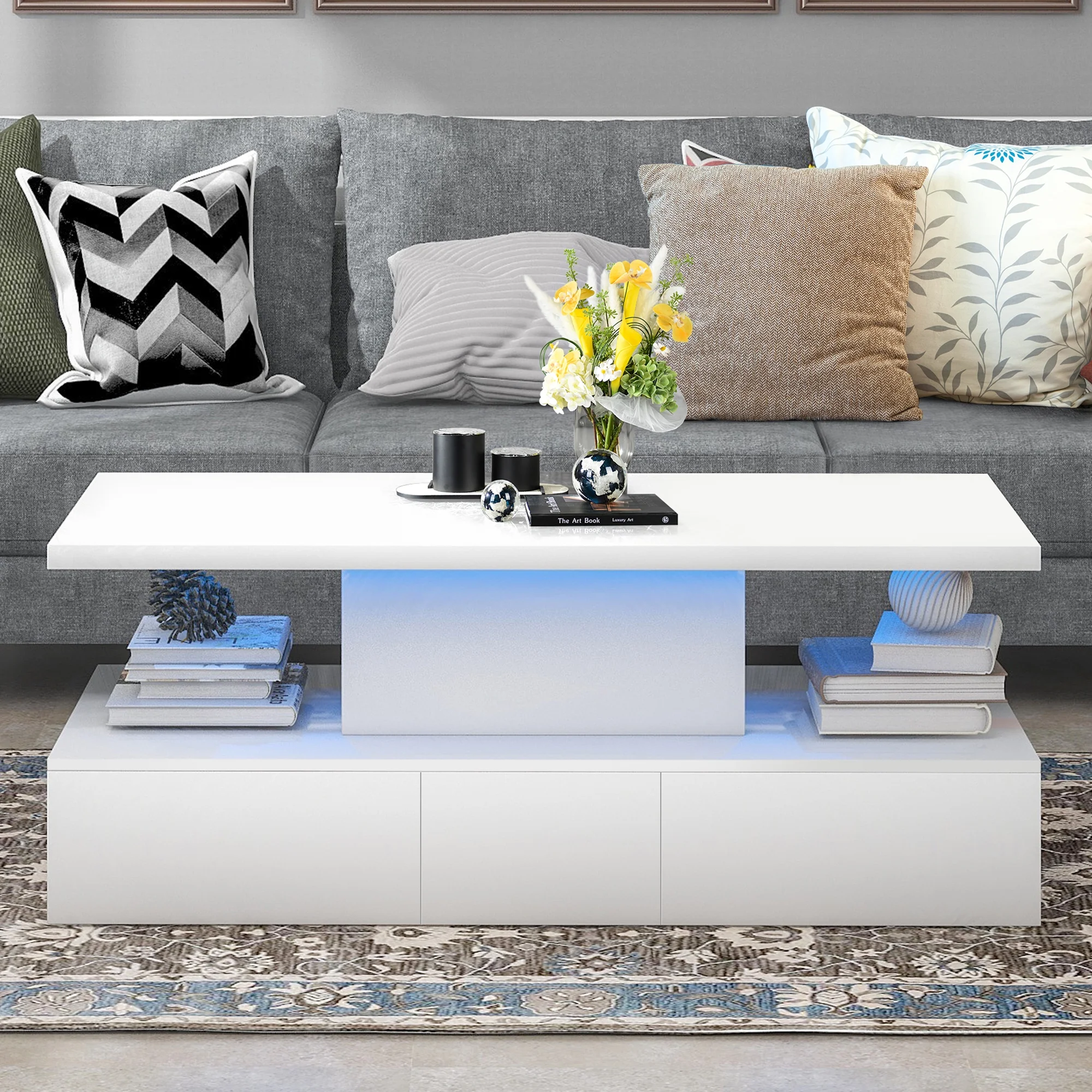 HSUNNS White LED Coffee Table for Living Room, Modern High Glossy Center Table with 4 Drawers, Smart Cocktail Table Rectangle