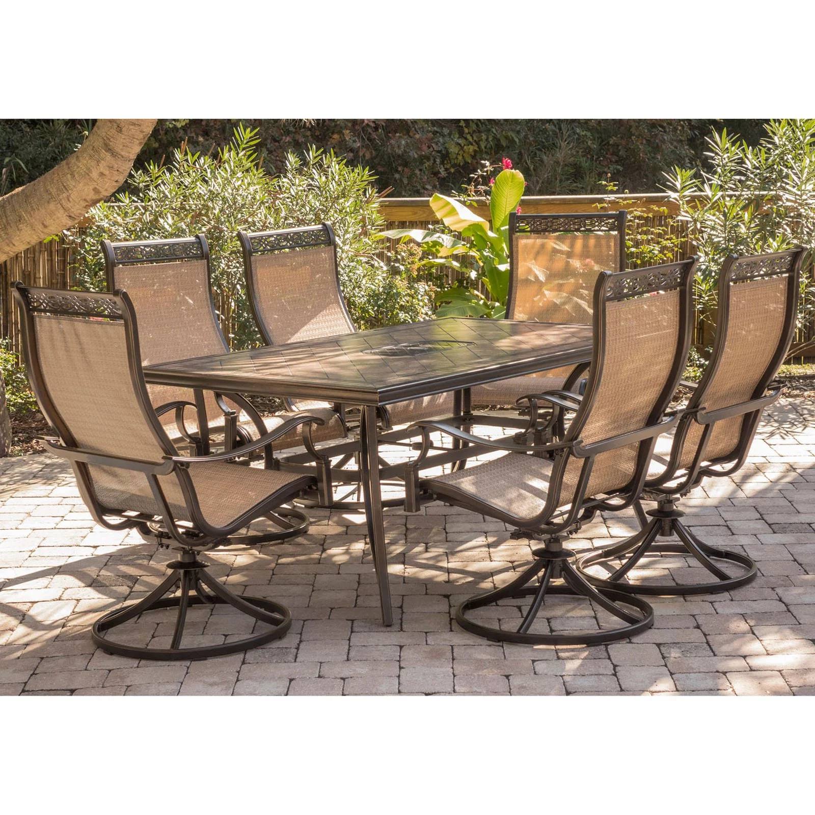 Hanover Outdoor Monaco 7-Piece Tile-Top Dining Set with Sling Stationary Chairs and Umbrella with Stand, Cedar