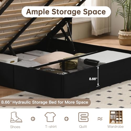 VELOCAVA Queen Size Lift Up Storage Bed with Modern Wingback Headboard, Upholstered Platform Bed with Fabric with Hydraulic Support Bars