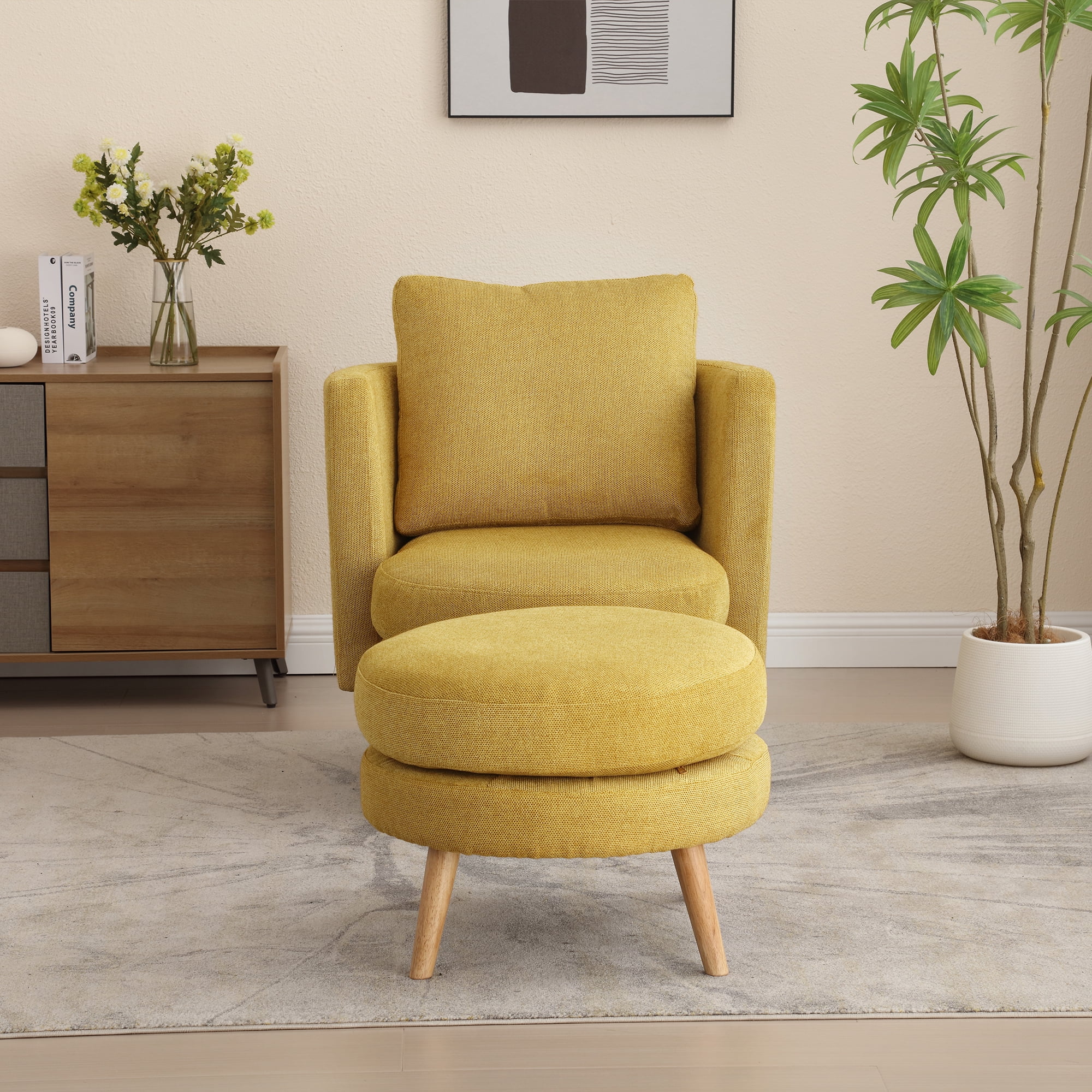 30.7" Wide Accent Chair with Ottoman Armchair Upholstered Reading Chair Single Sofa with Wooden Leg and Throw Pillow for Living Room Bedroom Dorm