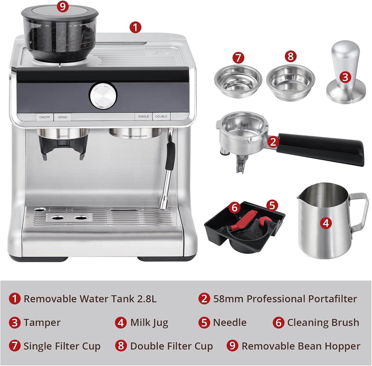 Espresso Machine with 20 Bar - Espresso Machines Brushed Stainless Steel, Professional Espresso Maker with Milk Frother Steam Wand, 2.8L Tank