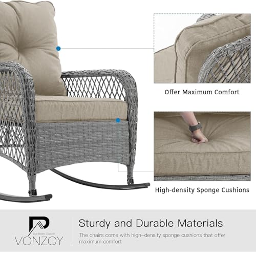 Patio Furniture Set 3 Pieces, Wicker Rocking Bistro Set with Thick Cushions, Outdoor Rocker Chairs and Coffee Table for Porch