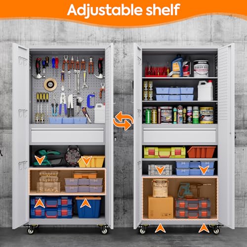 Metal Storage Cabinet with Wheels, 73" H Rolling Garage Cabinets with Locking Doors and Adjustable Shelves for Home Office, Basement, Pantry, Workshop
