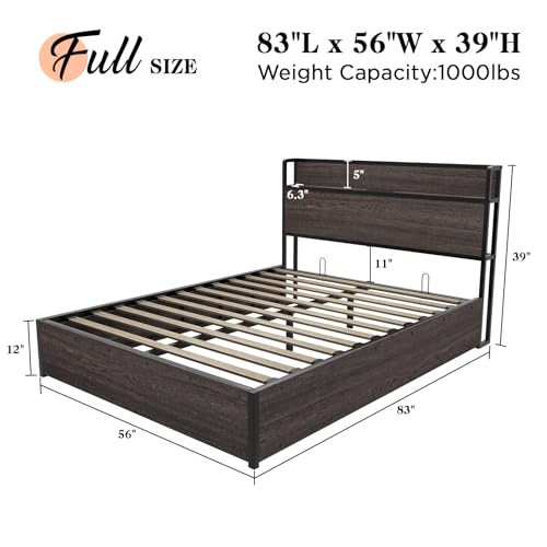 Albott Full Size Bed Frame with Lift Up Storage, Wooden Platform Bed Frame with Storage Headboard ＆ Charging Station, No Spring Box Needed/Noise Free