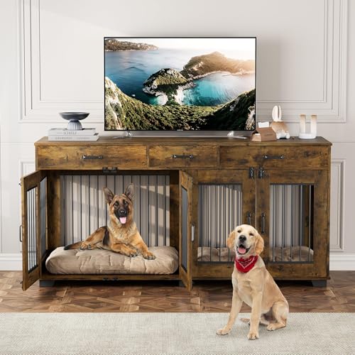 Dog Crate Furniture for 2 Dogs, 71'' XXL Indoor Dog Kennel with 3 Drawers and Removable Room Divider