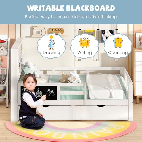 Giantex Full Bed with 2 Storage Drawers, Solid Wood Kids Bed Frame w/Bookcase Headboard & Blackboard, Full-Length Guardrails & Wooden Slats Support