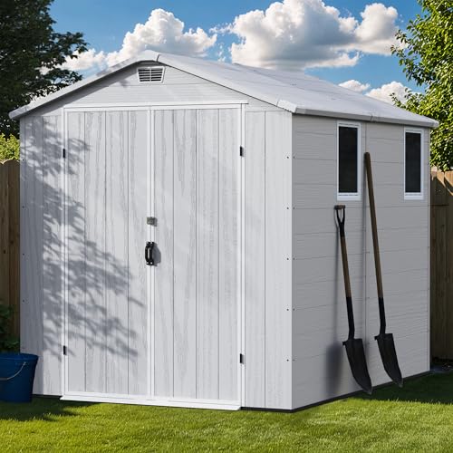 Greesum 6×8FT Plastic Outdoor Storage Shed with Floor, Resin Storaged Sheds with Lockable Double Door, Windows & Vents