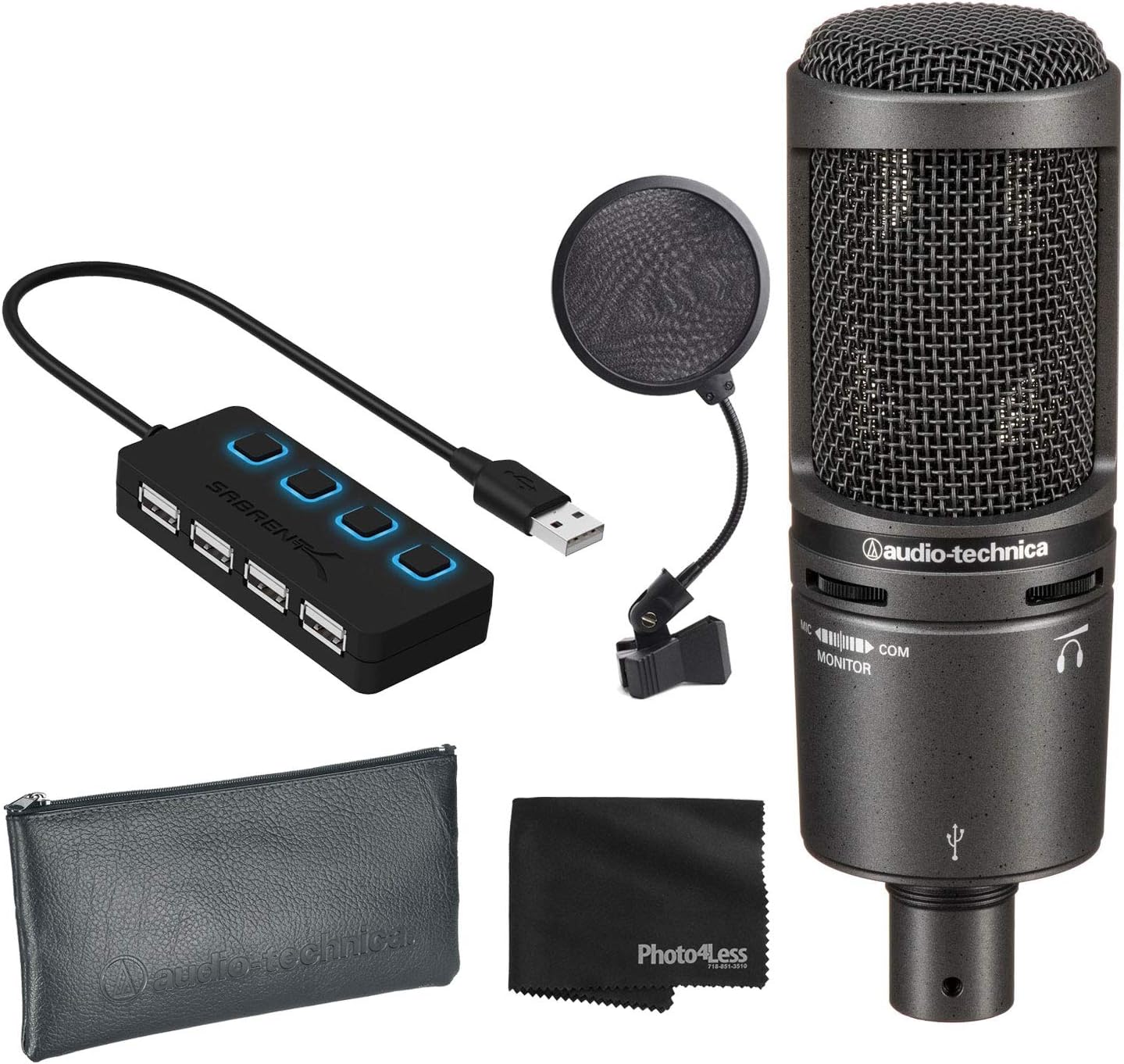 Audio-Technica AT2020USB+ Cardioid Condenser USB Microphone (Black) + Pop Filter + 4-Port USB 2.0 Hub with Individual LED Lit Power Switches + Cloth