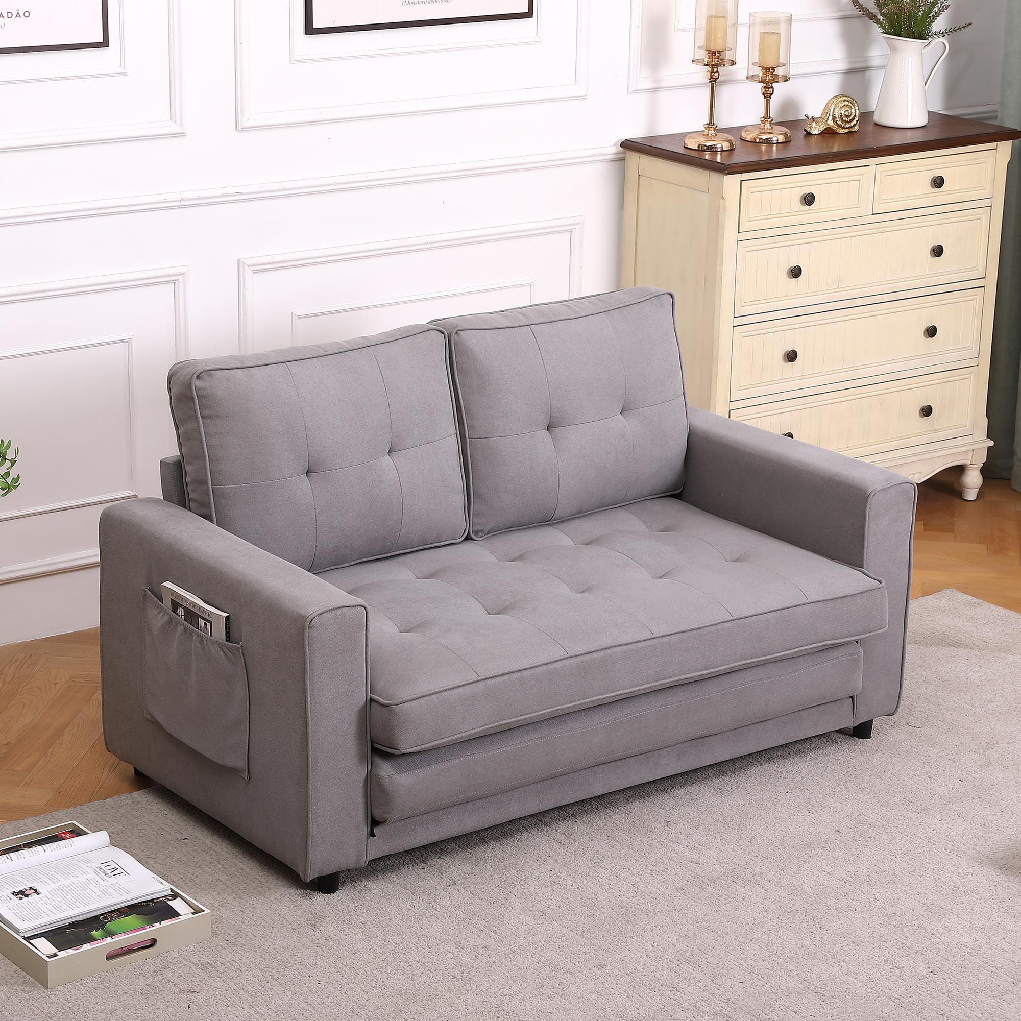 3-in-1 Upholstered Futon Sofa Convertible Floor Sofa bed,Foldable Tufted Loveseat with Pull Out Sleeper Couch Bed