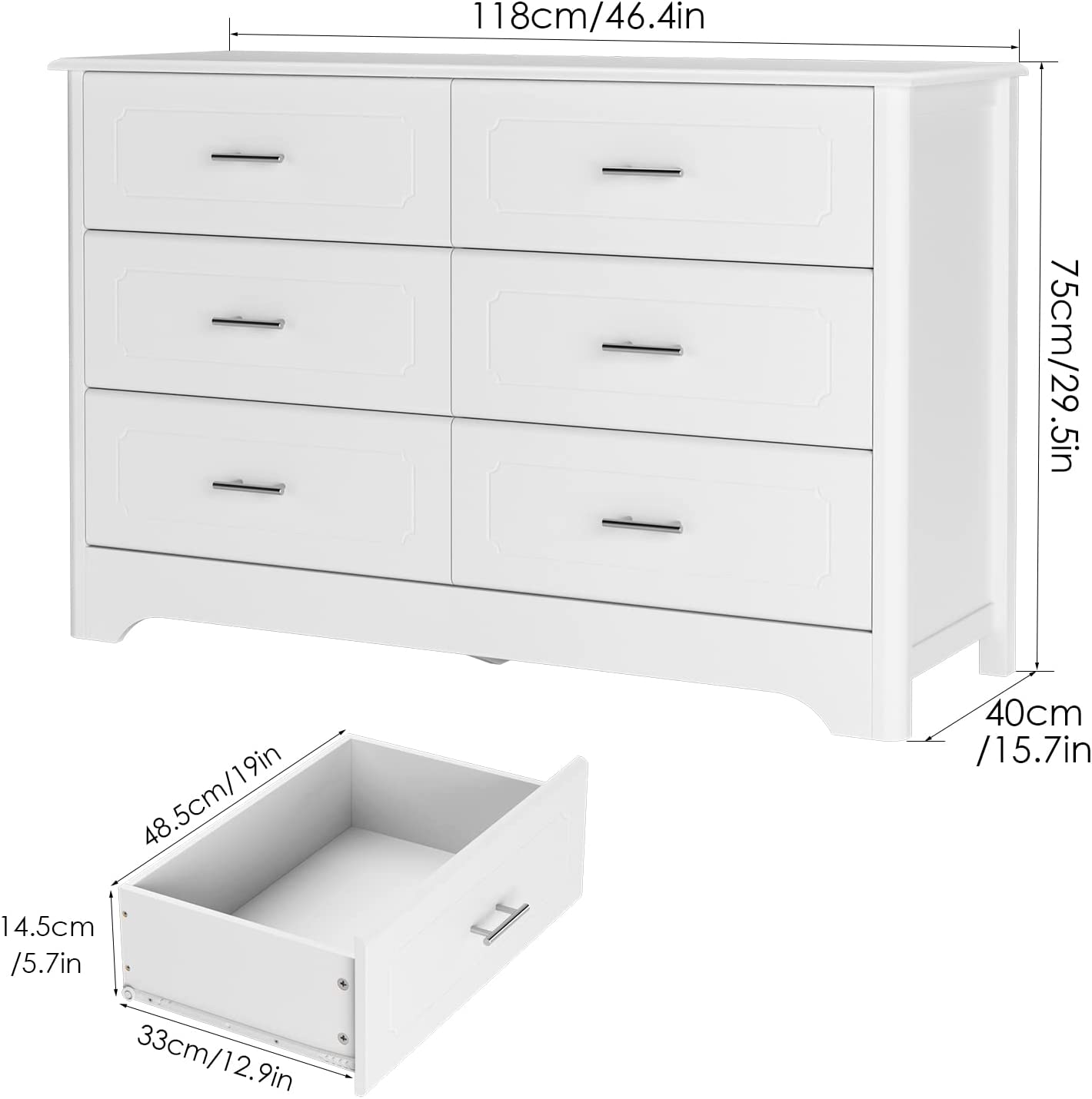 Drawer Dresser for Bedroom  Modern White Dressers  Wide Chest of Drawers with Metal Handels  Wood Storage Dresser Chest for Bedroom  Closet  Hallway